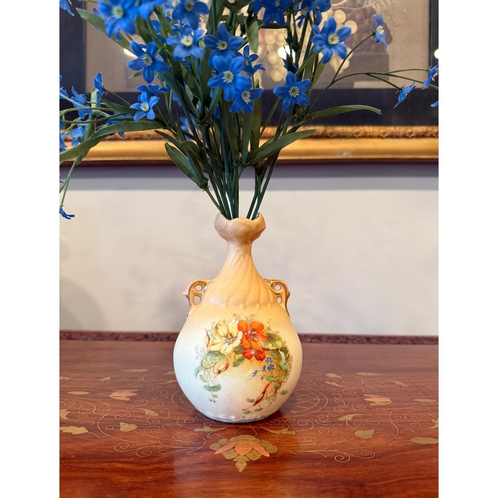 Antique Floral Bud Vase, Victorian Double Handle Porcelain‎ Vase